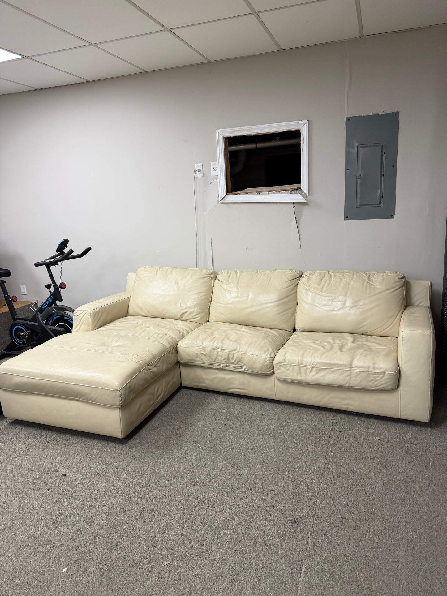 Cream Leather Sectional Sofa with Chaise