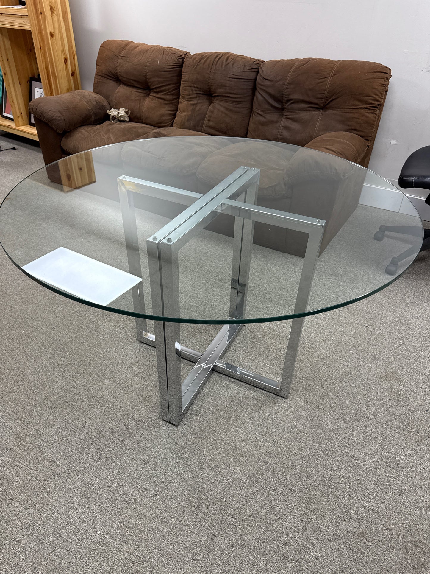 Round Glass Dining Table with Chrome Geometric Base