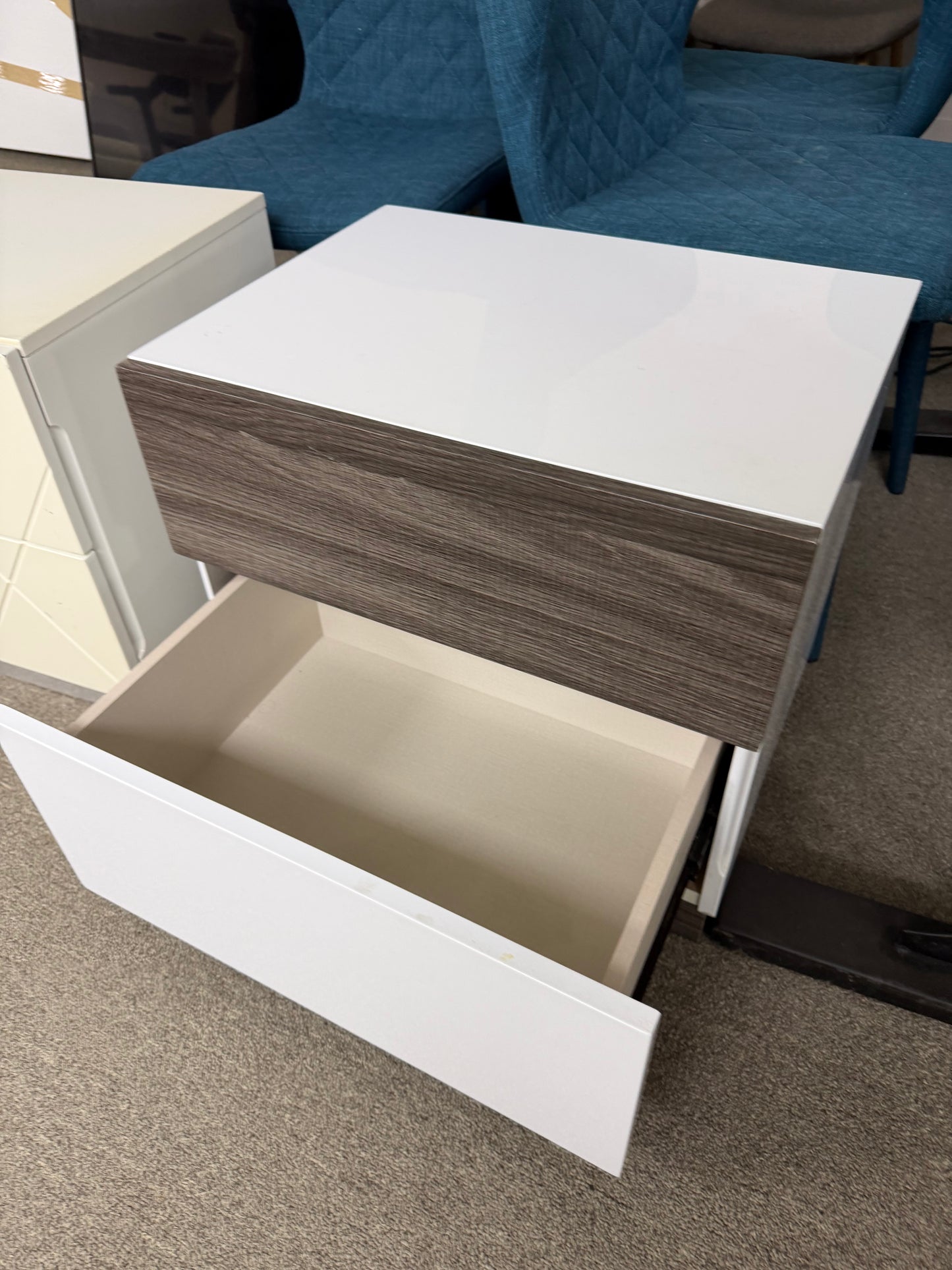 Modern White and Wood Two Drawer Nightstand