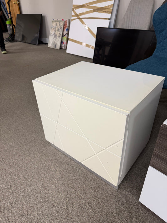 Modern White Two Drawer Nightstand with Geometric Front
