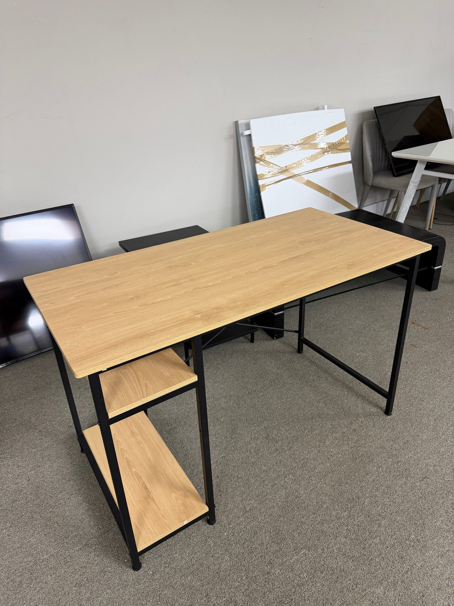 Modern Wood and Black Metal Desk with Storage Shelves (NEW)