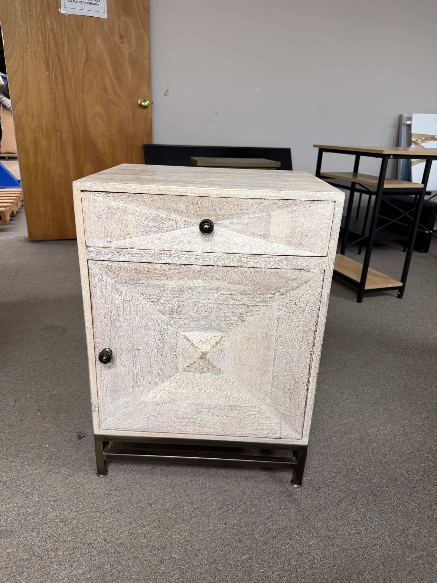 Distressed White Wood Nightstand with Drawer and Cabinet