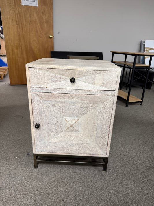 Distressed White Wood Nightstand with Drawer and Cabinet