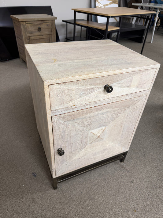 Distressed White Wood Nightstand with Drawer and Cabinet
