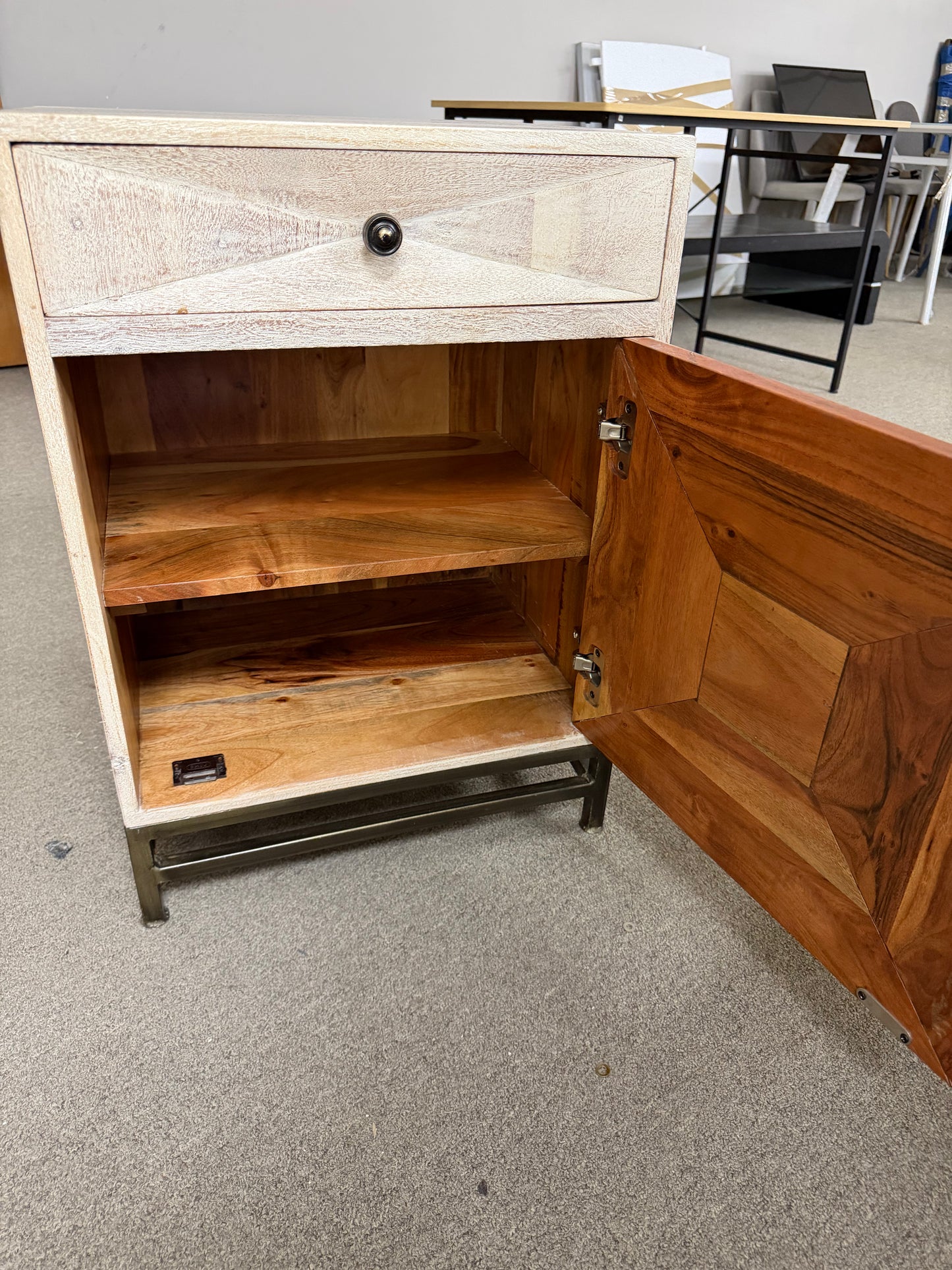 Distressed White Wood Nightstand with Drawer and Cabinet