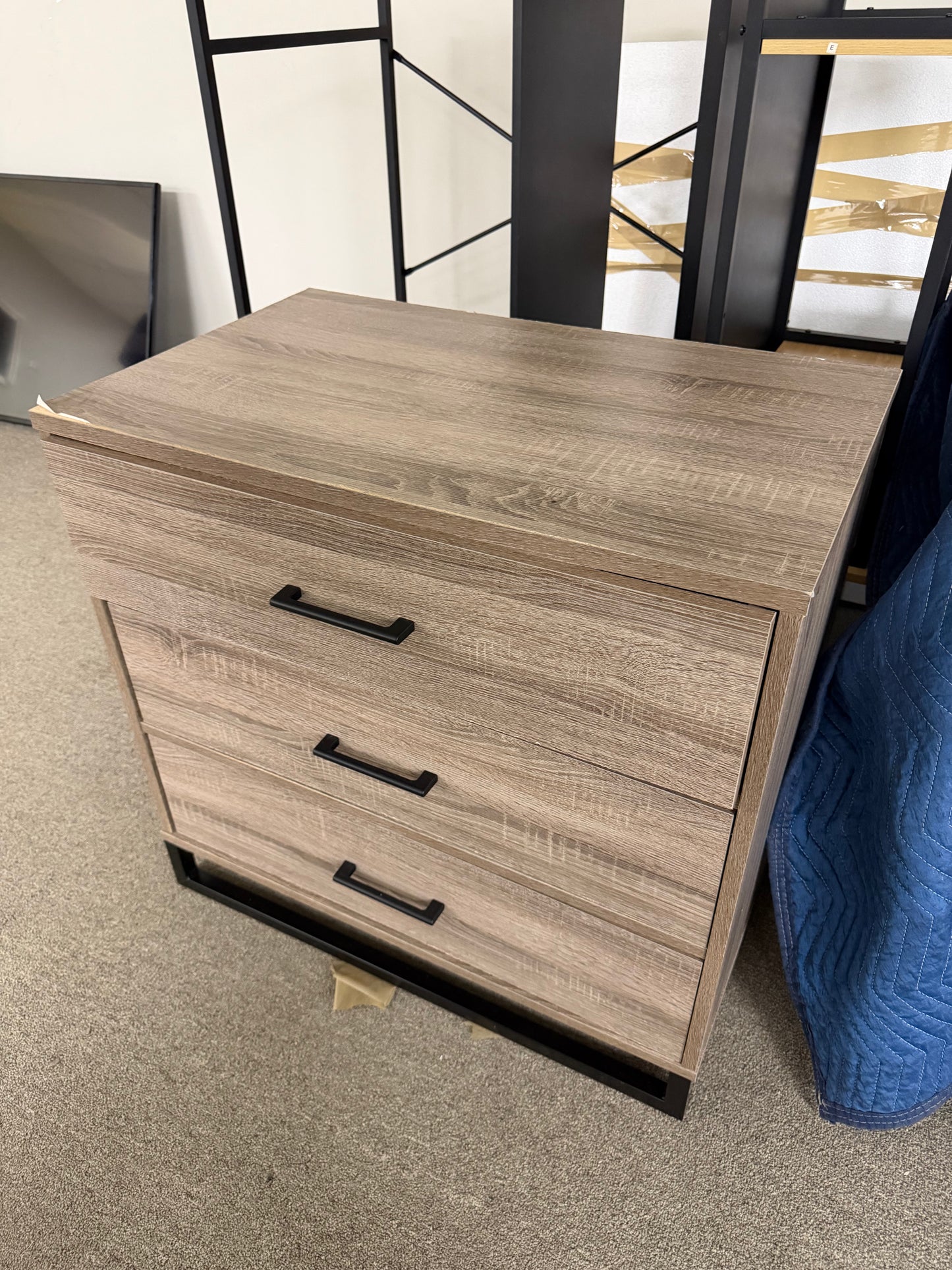 Modern Wood Three Dresser Nightstand with Black Handles