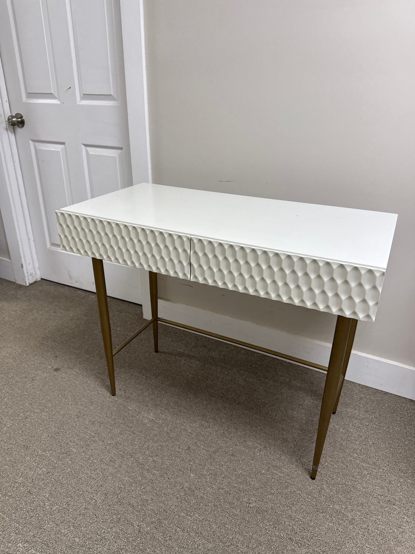 White Honeycomb Console Table with Gold Legs